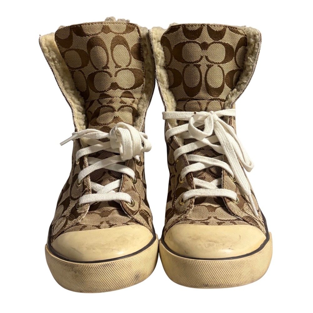 Coach Bonney Shearling High Top Sneakers Signature C Monogram Brown Tan 
Sz 9.5 - Picture 3 of 11